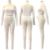 Autumn White Ribbed Basic Off Shoulder Crop Top and Pants 2pc Set