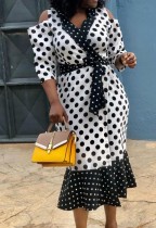 Autumn White and Black Polka Dot Cut Out Shoulder Mermaid Midi Dress