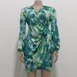 Autumn Print Deep-V Sexy Knotted Wrap Blouse Dress