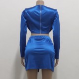 Autumn Formal Blue Dripped Top and Slit Mini Skirt 2pc Set