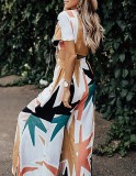 Summer Print Colorful Knotted Crop Top and High Waist Wide Pants 2pc Set