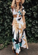 Summer Print Colorful Knotted Crop Top and High Waist Wide Pants 2pc Set