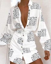 Autumn Letter Print White Long Sleeve Blouse Dress with Belt