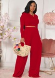Fall Fashion Red Slim Long Sleeve Round Neck Crop Top And Matching Wide Pants Set