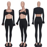 Fall Spaghetti Sexy Black Bra And Long Sleeve Top And Pant Set