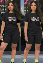 Summer Casual Sports Black Cartoon Printed T-Shirt And Matching Shorts Two Piece Set