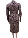 Fall Sexy Leopard Print Long Sleeve Midi Dress With Belt