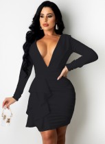 Fall Sexy Black Plunge V-Neck Long Sleeve Ruffled Ruched Bodycon Dress