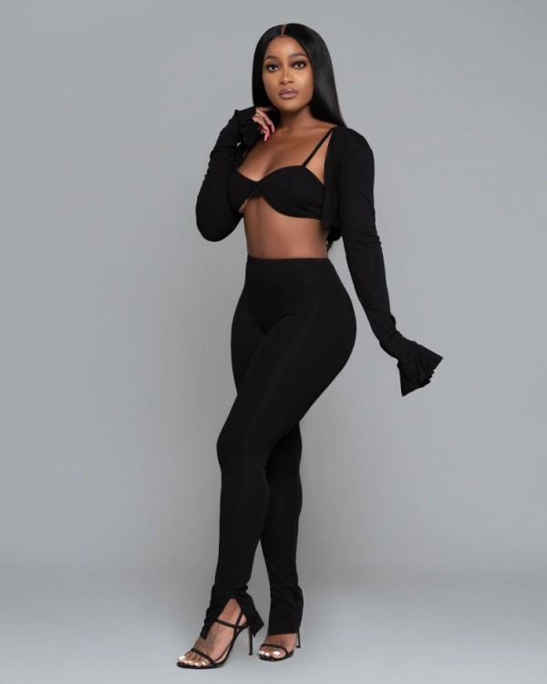 Fall Spaghetti Sexy Black Bra And Long Sleeve Top And Pant Set