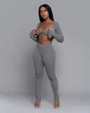 Fall Spaghetti Sexy Grey Bra And Long Sleeve Top And Pant Set