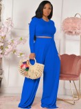 Fall Fashion Blue Slim Long Sleeve Round Neck Crop Top And Matching Wide Pants Set
