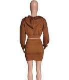 Fall Causal Kahaki Hoodies Long Sleeve Top And Mini Pocket Dress Set
