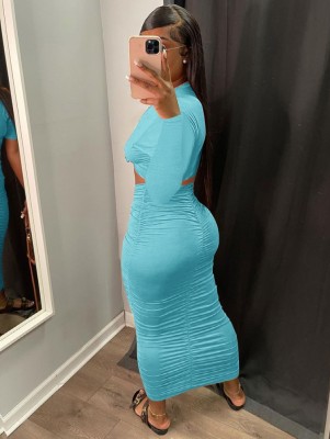 Fall Sexy Blue Round Neck Cut Out Long Sleeve Ruched Slim Long Dress
