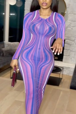 Fall Sexy Purple Sripes See Through Long Sleeve Round Slim Long Dress