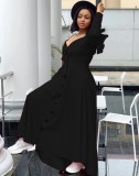 Fall Sexy Black Ruffled Off Shoulder Straps Long Sleeve Maxi Dress