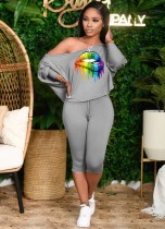 Fall Sexy Lip Print Grey Solid Long Sleeve Top And 3/4 Pant Set