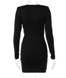 Fall Sexy Black Deep V-Neck Long Sleeve Crop Top And Mini Dress Set
