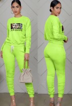 Fall Casual Sports Green Cartoon Printed Ruched Bloused And Matching Dtrawstring Pants Two Piece Set