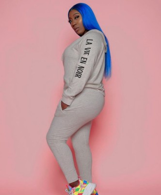 Fall Causal Grey Hoodies Long Sleeve Letter Print Top And Pant Tracksuit