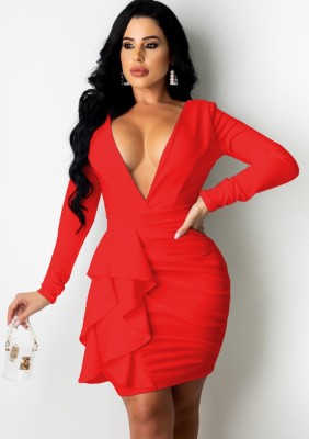 Fall Sexy Red Plunge V-Neck Long Sleeve Ruffled Ruched Bodycon Dress