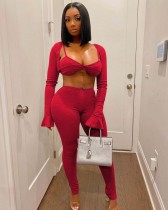 Fall Spaghetti Sexy Red Bra And Long Sleeve Top And Pant Set