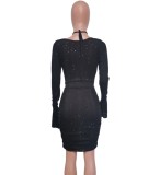 Fall Sexy Black Sequin Hollow Out Long Sleeve Bodycon Dress