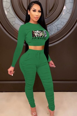 Fall Casual Sports Green Cartoon Printed Long Sleeve Crop Top And Matching Dtrawstring Pants Two Piece Set