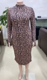 Fall Sexy Leopard Print Long Sleeve Midi Dress With Belt