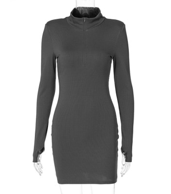 Fall Sexy Black Zipper Up High Collar Long Sleeve Mini Dress