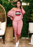 Fall Sexy Lip Print-Money Pink Solid Long Sleeve Top And 3/4 Pant Set