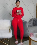 Fall Casual Sports Red Cartoon Printed Ruched Bloused And Matching Dtrawstring Pants Two Piece Set