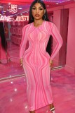 Fall Sexy Pink Sripes See Through Long Sleeve Round Slim Long Dress