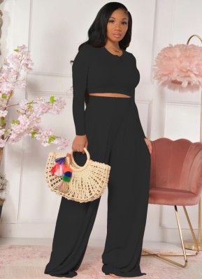 Fall Fashion Black Slim Long Sleeve Round Neck Crop Top And Matching Wide Pants Set