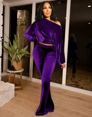 Fall Causal Purple Solid Long Sleeve Crop Top And Pant Set