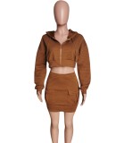 Fall Causal Kahaki Hoodies Long Sleeve Top And Mini Pocket Dress Set