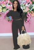 Fall Fashion Black Slim Long Sleeve Round Neck Crop Top And Matching Wide Pants Set