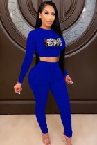 Fall Casual Sports Blue Cartoon Printed Long Sleeve Crop Top And Matching Dtrawstring Pants Two Piece Set