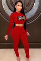 Fall Casual Sports Red Cartoon Printed Long Sleeve Crop Top And Matching Dtrawstring Pants Two Piece Set