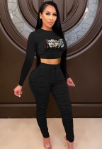 Fall Casual Sports Black Cartoon Printed Long Sleeve Crop Top And Matching Dtrawstring Pants Two Piece Set