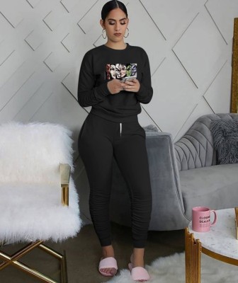 Fall Casual Sports Black Cartoon Printed Ruched Bloused And Matching Dtrawstring Pants Two Piece Set
