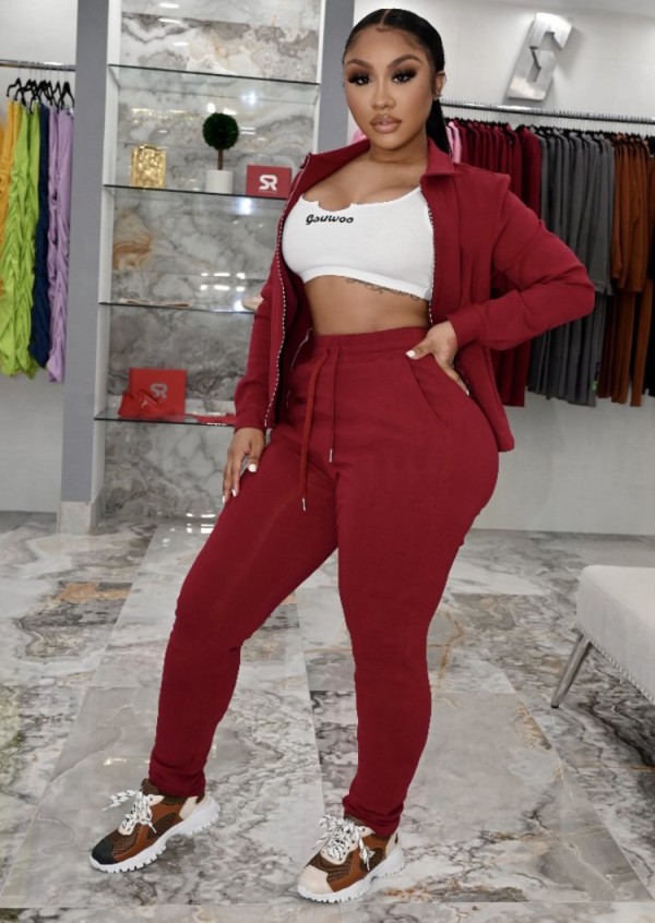 Fall Causal Red Long Sleeve Zipper-Open Top And Pant Tracksuit