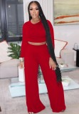 Fall Fashion Red Slim Long Sleeve Round Neck Crop Top And Matching Wide Pants Set