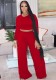 Fall Fashion Red Slim Long Sleeve Round Neck Crop Top And Matching Wide Pants Set