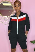 Fall Casual Black Contrast Zip Up Long Sleeve Sports Short Tracksuit