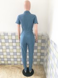 Fall Sexy Lgiht Blue Button Up Trundown Collar Short Sleeve Slim Denim Jumpsuit