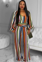 Fall Sexy Stripes V-Neck Puff Sleeve Crop Top And Low Waist Loose Pants Set