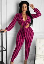 Fall Sexy Red Plaid Tie-Wrap Long Sleeve Crop Top And High Waist Slim Pants Two Piece Set