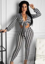 Fall Sexy White Plaid Tie-Wrap Long Sleeve Crop Top And High Waist Slim Pants Two Piece Set