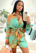Fall Sexy Tie Dye Turndown Collar Tie-Knotted Long Sleeve Blouse And Shorts Two Piece Set