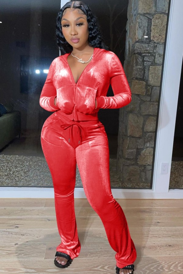 Fall Casual Red Zipper Long Sleeve Hoody Top And Pant Set